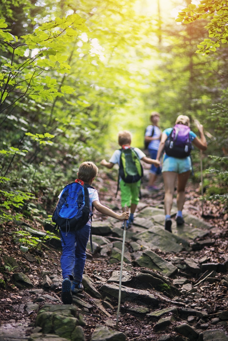 Familie wandert über steilen Weg im Wald